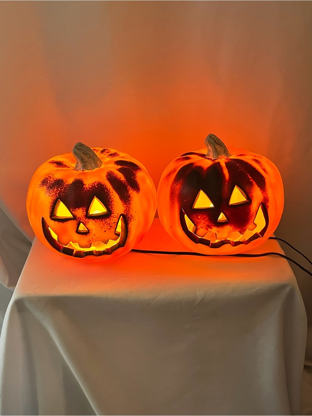 Vintage Pair Lighted Jack O’ Lantern Pumpkin Halloween Blow Mold Table Decor